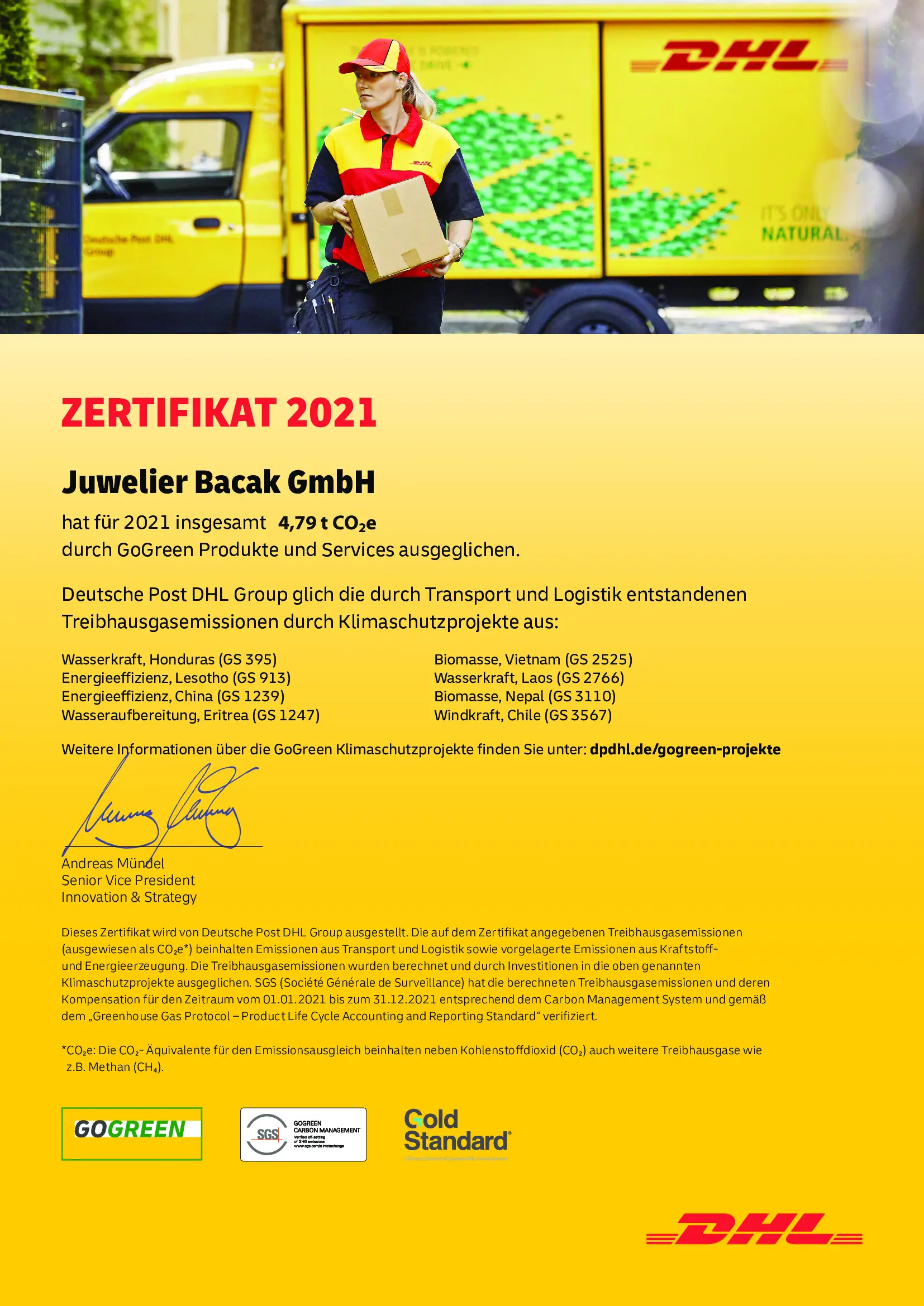DHL GoGreen Zertifikat 2021