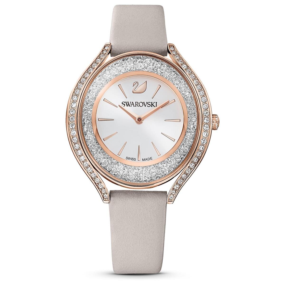 Voortdurende uitdrukken Mart Swarovski Damen Uhr 5519450 Crystalline Aura, Lederarmband, grau, rosé  vergoldet