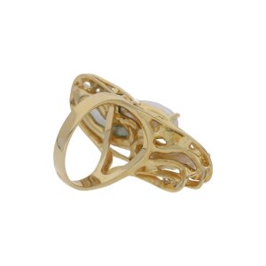 Außergewöhnlicher Ring 585/000 (14 Karat) aus Gelbgold mit Biwaperlen und Brillanten, aus zweiter Hand, getragen
