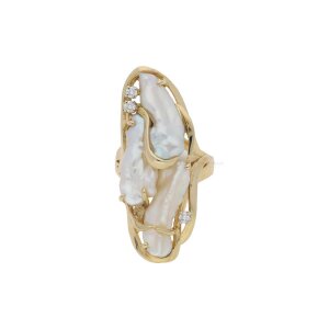 Damenring 585/000 Gelbgold Biwaperlen Brillanten, Second...