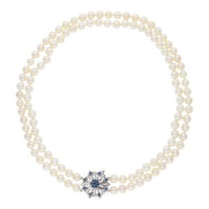 Perlenkette 585/000 (14 Karat) Weißgold mit Saphir,...