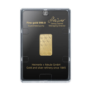 Goldbarren 10 Gramm geprägt 999,9 Feingold Heimerle + Meule zertifiziert 2025-GB-04-10