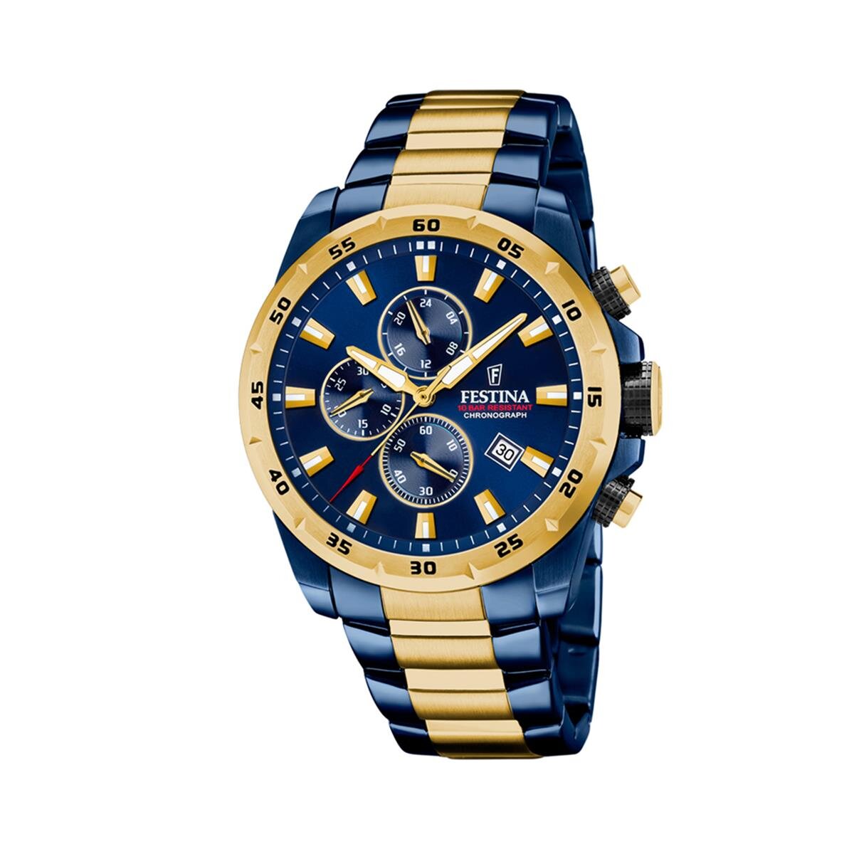 Festina Herren Uhr F20564/1 Chronograph Edelstahl gold, blau plattiert