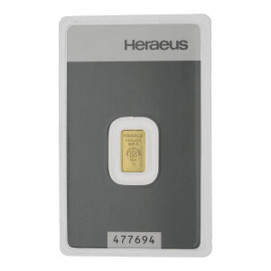 Goldbarren 1 Gramm Argor-Heraeus 999,9 Feingold geprägt zertifiziert 2022-GB-08-1g mit individueller Seriennummer