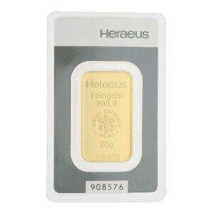 Goldbarren 20 Gramm Argor-Heraeus geprägt zertifiziert 999,9 Feingold 2022-GB-10-20g mit individueller Seriennummer