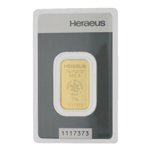 Goldbarren 10 Gramm Argor-Heraeus geprägt zertifiziert 999,9 Feingold 2022-GB-11-10g mit individueller Seriennummer