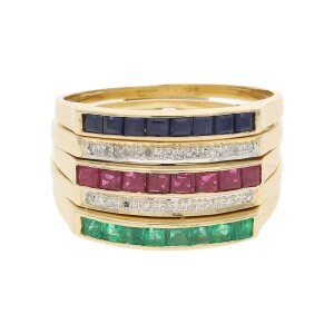 Ring Set 585/000 (14 Karat) Gold Diamanten, Smaragd, Saphir und Rubin getragen 25321474