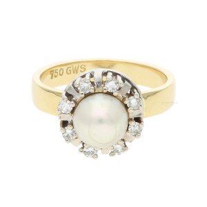 Perlenring Gold und Weißgold 750 Diamanten Akoya...
