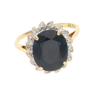Schwarzer Saphir Ring mit Diamanten, Second Hand, getragen