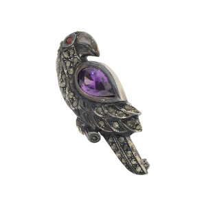 Silber Brosche Papagei mit Amethyst Markasit wie neu...