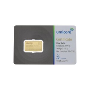 Goldbarren 2,5 Gramm Umicore Feingold 999,9 zertifiziert,...