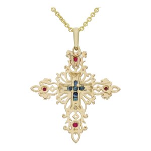 Gold Kreuz 585 Ketten Anhänger Unisex mit Saphir,...