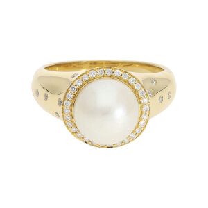 Second Hand Damenring, 750 Gelbgold, Perle, Diamant...