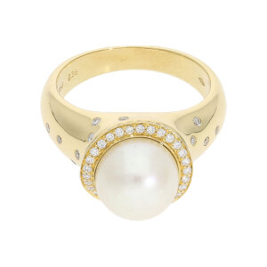 Second Hand Damenring, 750 Gelbgold, Perle, Diamant...