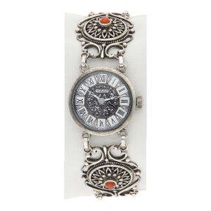 Trachtenuhr echt Silber Korallen Mechanisches Werk Second...