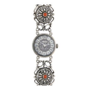 Trachtenuhr echt Silber Korallen Mechanisches Werk Second...