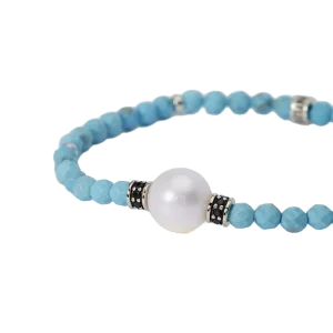 Herrenarmband 925 Silber mit Türkis, Zuchtperle...