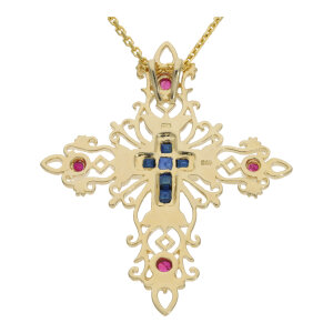 Kreuzanhänger Gold 585 mit Saphir, Rubin Diamant...