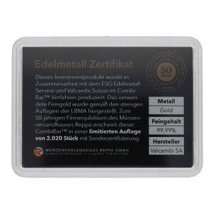 Goldbarren Tafelbarren 25 Gramm (50 x 0,5 Gramm) ESG & Valcambi CombiBar LBMA zertifiziert Feingold 999,9 GB-TB-25.0G-ESG-KAP-LBMA