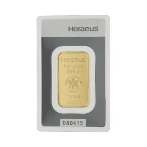 Goldbarren Heraeus 1 Unze Feingold 999,9 zertifiziert...