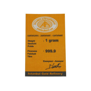 Goldbarren 1 Gramm ISR Istanbul Altin Rafinerisi Feingold 999,9 mit Zertifikat GB-GP-1.00G-IAR-LTO
