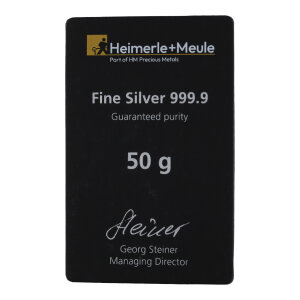 Silberbarren 999 Feingold 50 Gramm Heimerle + Meule...