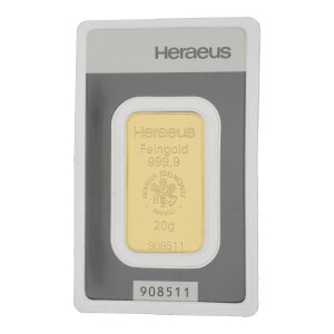 Goldbarren 20 Gramm Kinebar Heraeus 999,9 Feingold...