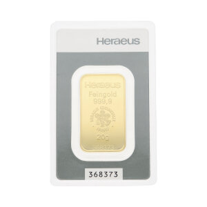 Goldbarren Heraeus 20 Gramm Feingold 999,9 zertifiziert,...
