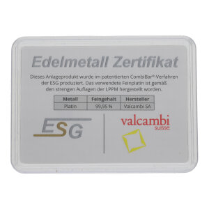 Platinbarren 1 Gramm Feinplatin 999,5 Valcambi Suisse ESG...