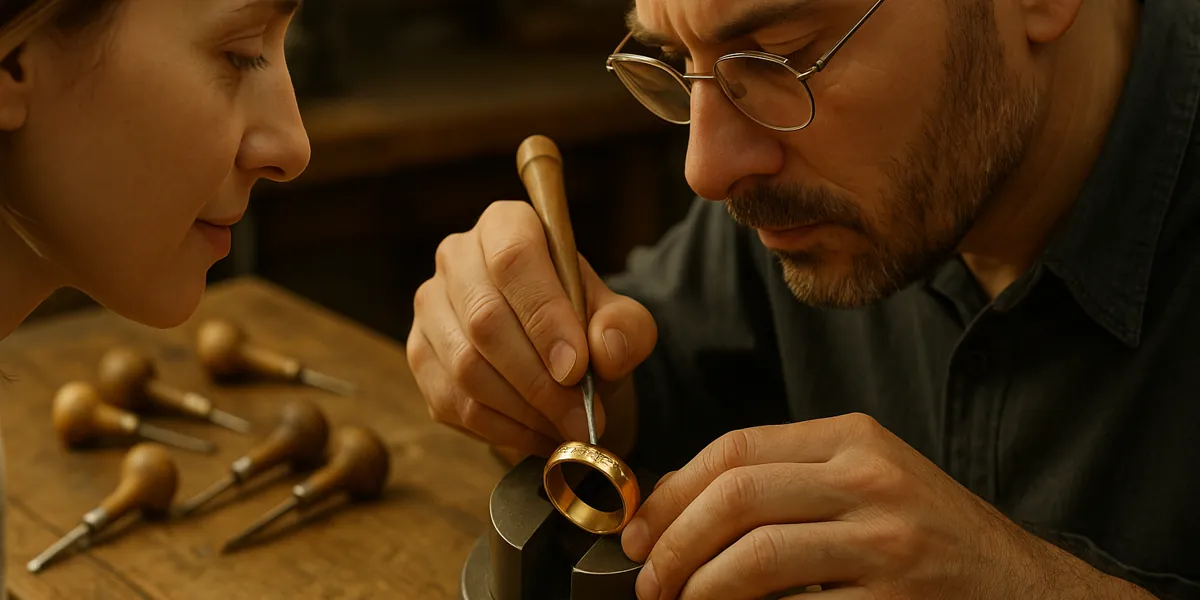 Detailaufnahme eines Goldschmieds, der mit einem Gravurwerkzeug einen goldenen Ring bearbeitet.
