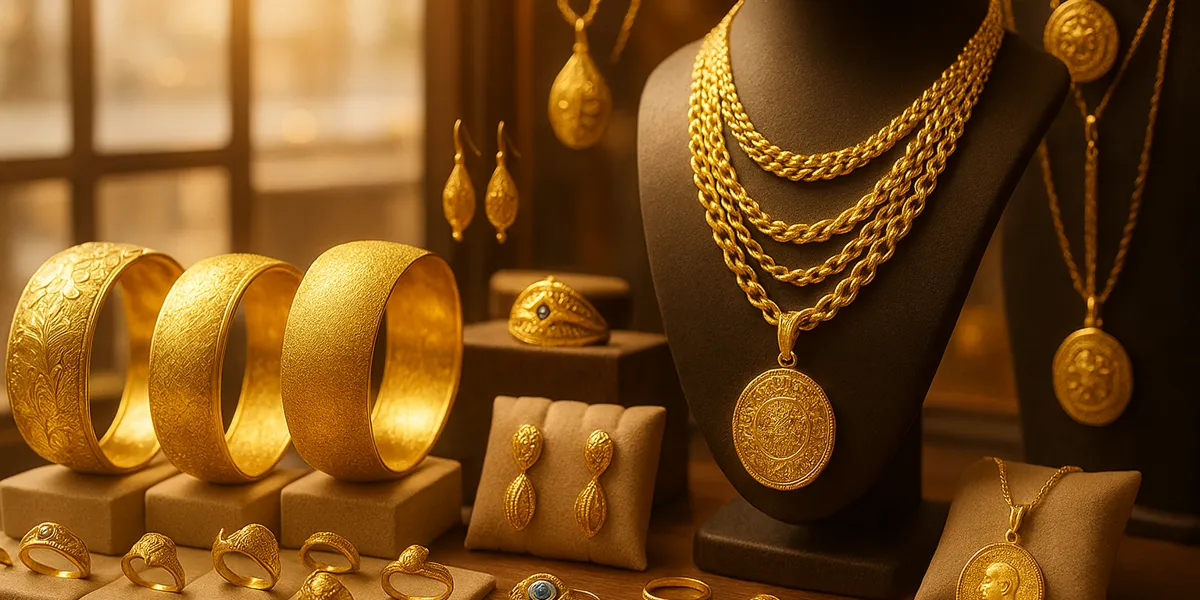 Schaufenster mit reich verzierten Goldketten, Ohrringen und Ringen auf Schmuckständern in luxuriösem Ambiente.